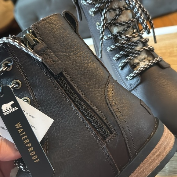 SOREL Emelie boots Genuine Shearling Lamb‎ Fur Short Lace-Up dark brown NEW 6.5 - Picture 4 of 8